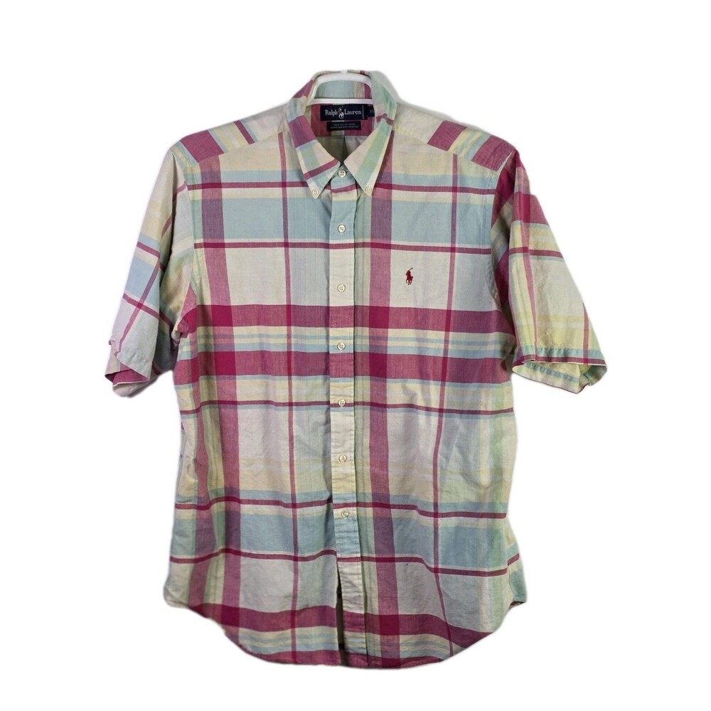 Ralph Lauren Men's Large Plaid Color Block Short Sleeve‎ Button Up Shirt